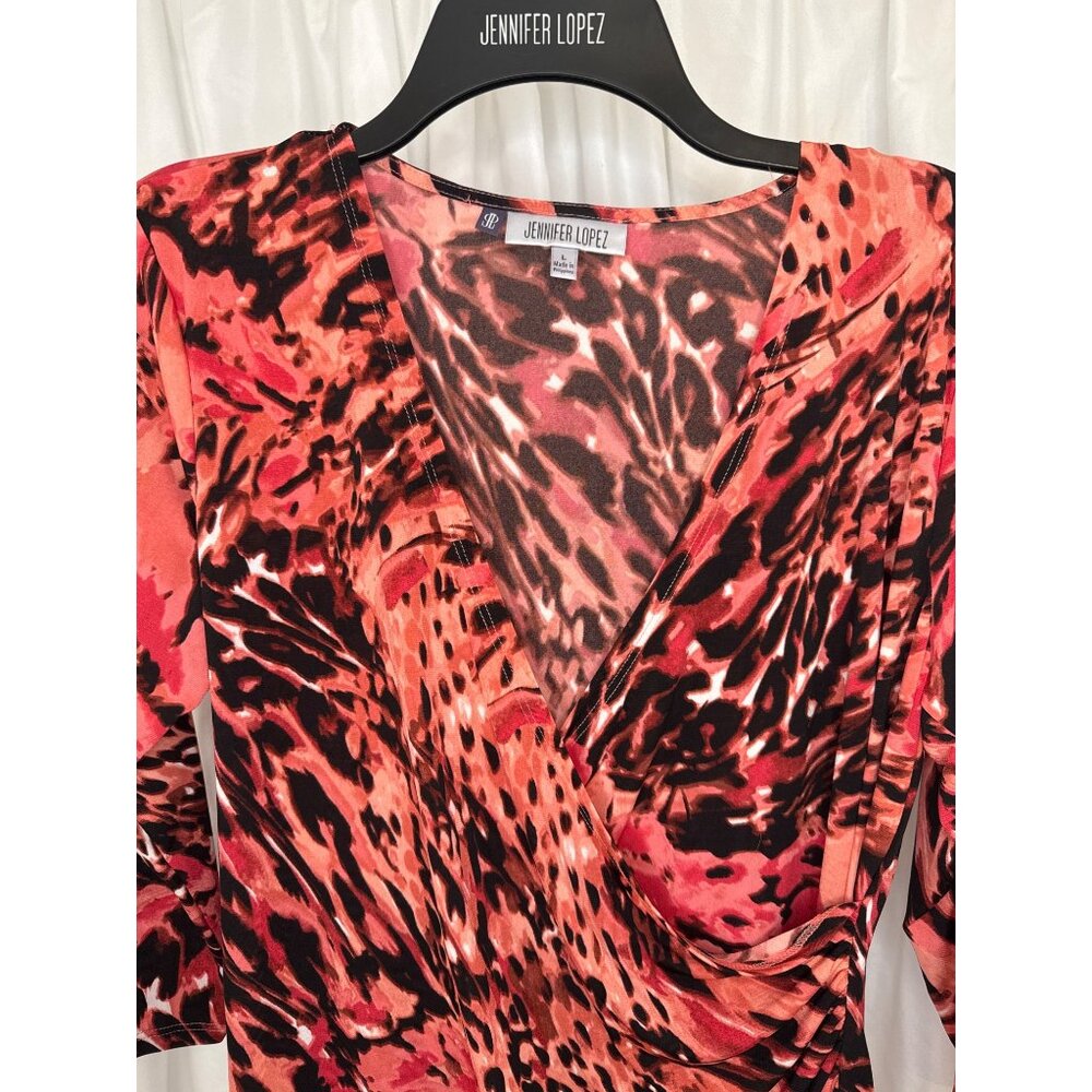 Jennifer Lopez Womens Animal Print V-Neck Wrap Top 3/4 Sleeve Size L - Picture 2 of 4